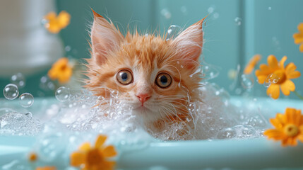 A captivating image of an innocent kitten covered in bubbles with marigolds floating around