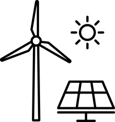 Wind turbine and solar panels icon in linear style.