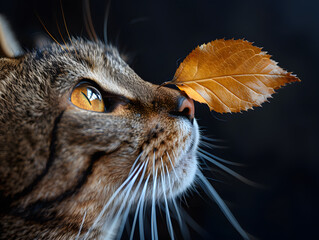 close up of a cat with a leaf on their nose