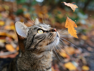 cat watching leaves falling