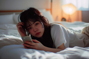Young asian woman lay on her bed looking at her phone. AI genera