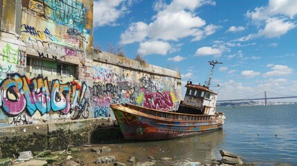 Fototapeta na wymiar Banks Graffiti on River Tagus in Lisbon Portugal: A Vibrant Urban Art Scene
