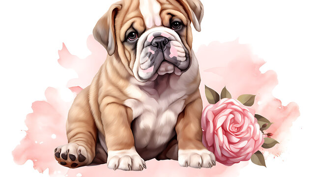 watercolor bulldogs, dog clipart, love pets, bulldog art, valentine pets, printable dogs, illustration cut out transparent isolated on white background 