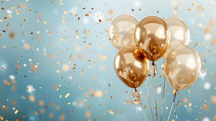 glossy gold pastel colored balloons and confetti background - obrazy, fototapety, plakaty