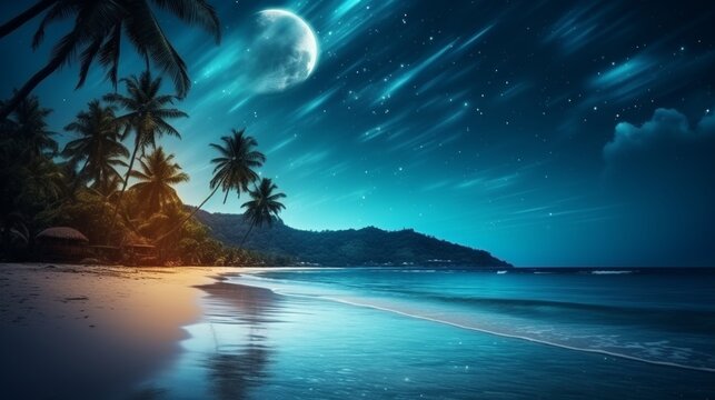 Vintage fantasy tropical beach starlit night sky with full moon, retro artwork in pastel tones