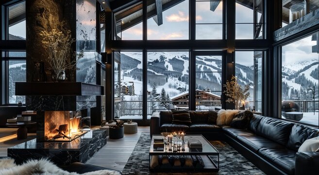 A large cozy living room with black leather couches, a fur throw on one of the sofas and a coffee table in front of it