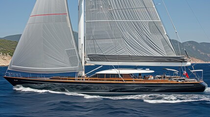 Naklejka premium The yacht sails gracefully under a clear blue sky, surrounded by breathtaking coastal scenery.