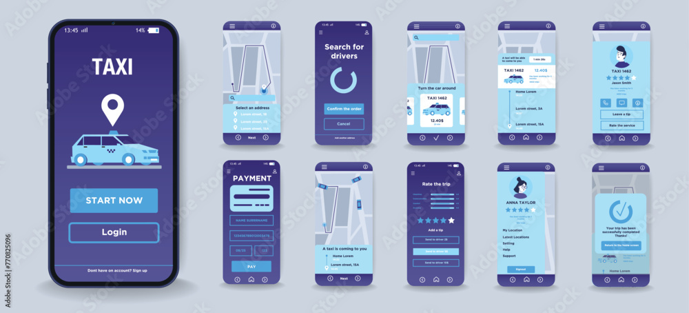 Poster concept of taxi service mobile app in flat design. set of interface screens with user page, taxi boo