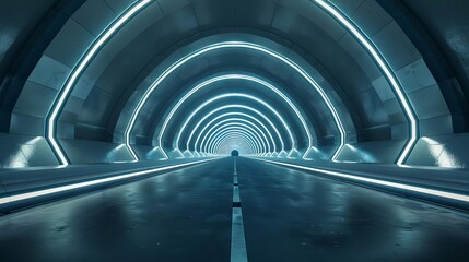 Futuristic 3D rendering of architectural tunnel on highway with empty asphalt road, digital art