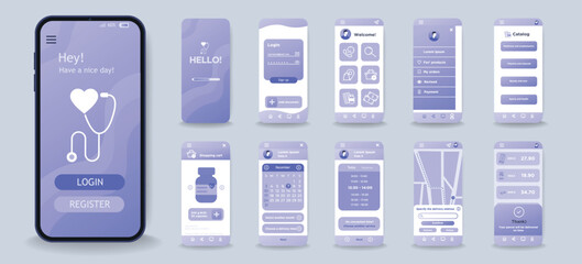 Medicine smartphone interface concept in flat design. A convenient and effective medical application with the possibility of buying medicines and their delivery, user page design. Vector Illustration. - obrazy, fototapety, plakaty