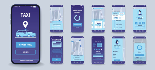 Concept of taxi service mobile app in flat design. Set of interface screens with user page, taxi booking, city navigation, online payment option and driver service rating. Vector Illustration. © DesignSells