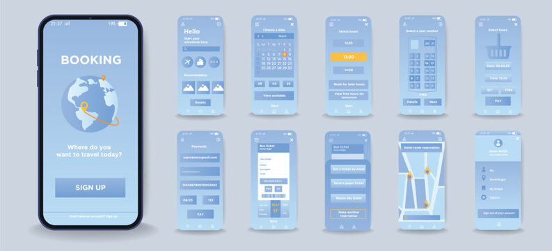 Concept of smartphone booking interface in flat design. Blue design of app screens for booking, trip planning, seat selection, hotel search. Vector Illustration.