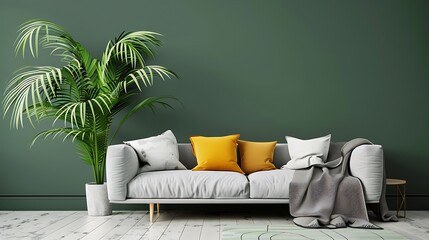 Gray sofa with cushions and throw and colorful plant