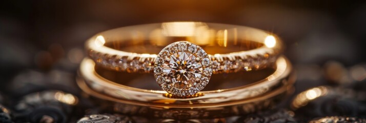 Golden Engagement Ring with Diamond Halo
 - obrazy, fototapety, plakaty