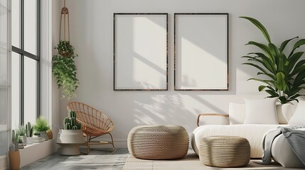 home interior of living room with mock up poster frames and elegant accessories in stylish home decor - obrazy, fototapety, plakaty
