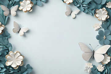 grey color frame of clover leaves view butterflies 3d background landscape wallpaper
