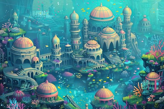 Underwater city with cute domed buildings and tiny figures swimming among coral reefs, Isometric pastel