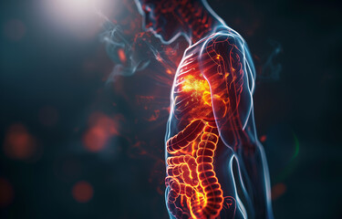 Transparent Human with Glowing Digestive System. 3D illustration of a human profile with a luminous digestive tract.