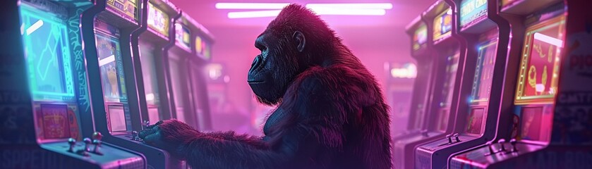 80s style gorilla playing arcade games neon and nostalgia - obrazy, fototapety, plakaty