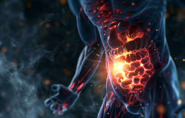 Glowing Intestinal Health Concept. A striking visualization featuring the glowing intestines within a human figure, highlighting the importance of gastrointestinal health and function. - obrazy, fototapety, plakaty