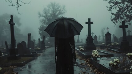 Misty Cemetery Scene with Silhouetted Person under Umbrella. Moody, Gothic Atmosphere in Graveyard. Contemplative, Mysterious Photo Style. Ideal for Thriller or Horror Contexts. AI