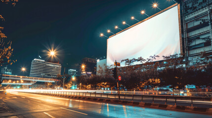 Empty big billboard on a city night street