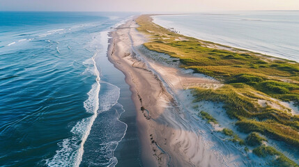 Top view coastal restoration project rebuilding sand dunes and restoring beach habitats