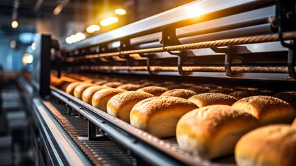 Automated bakery production line with bread loaves on conveyor belt for efficient manufacturing - obrazy, fototapety, plakaty