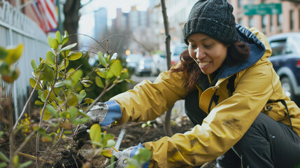 Young woman participating in a community to clean up event to urban city spaces