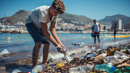 group of volunteers cleaning up litter from a beach as part of a coastal conservation effort