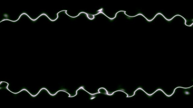 Emerging wavy white horizontal rectangular neon long lines forming a frame. In the middle there is a black field for your own content. ECG lines, impulses.