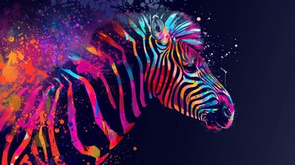 Obraz premium Vibrant abstract zebra art, colorful splattered paint background, modern digital illustration