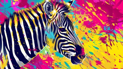 Vibrant abstract zebra art, colorful splattered paint background, modern digital illustration