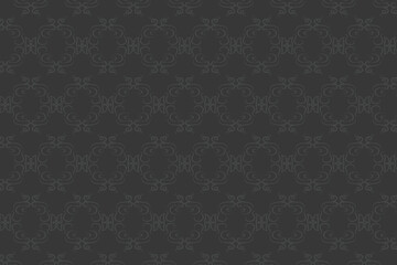 Seamless abstract pattern. Fantasy ornament with leaves and curls. Gray ornament on a black background for printing on fabric, appliques and cards. Flyer background design, advertising background, fab