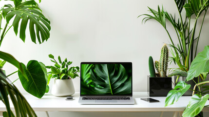Laptop on a white desk surrounded by an array of indoor plants