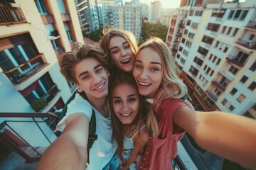 Lifestyle Happy. Urban Balcony Selfie of Confident Young Adult Friends - obrazy, fototapety, plakaty