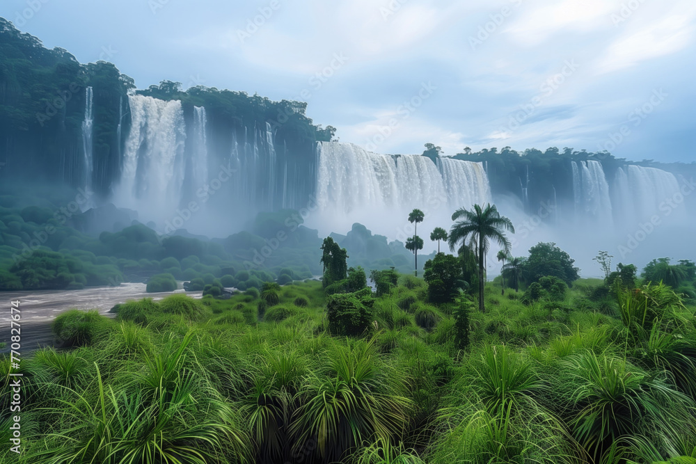 Wall mural tropical landscape overlooking a huge waterfall