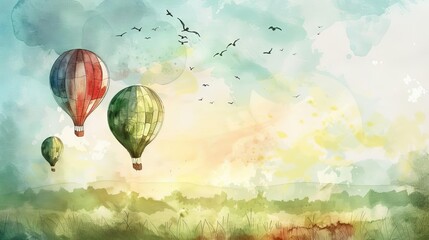 Vintage hot air balloons floating over a whimsical countryside landscape, watercolor illustration