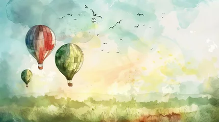 Fotobehang Vintage hot air balloons floating over a whimsical countryside landscape, watercolor illustration © furyon