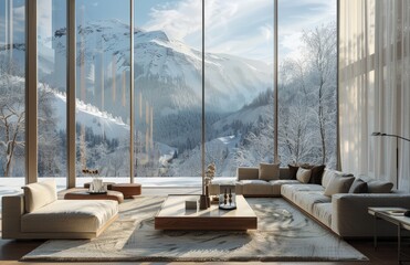 A large living room with floor-to-ceiling windows, a sofa and coffee table. Winter atmosphere