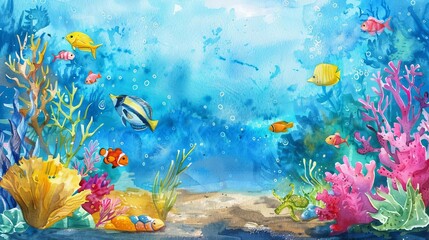 Obraz na płótnie Canvas Whimsical underwater seascape with vibrant coral reef and tropical fish, watercolor illustration