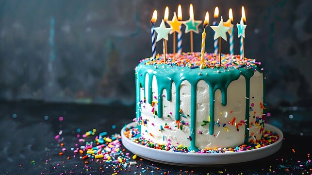 White Birthday cake with trendy teal ganache drips and colorful sprinkles star toppers and fun candles over a dark blue background