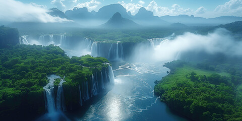 aerial view of a series of waterfalls in the tropical jungle - obrazy, fototapety, plakaty