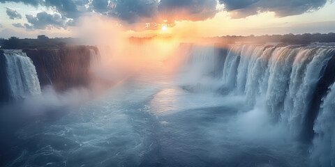 panoramic aerial view of a large waterfall at dawn