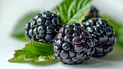 A blackberry with a leaf is shown - obrazy, fototapety, plakaty