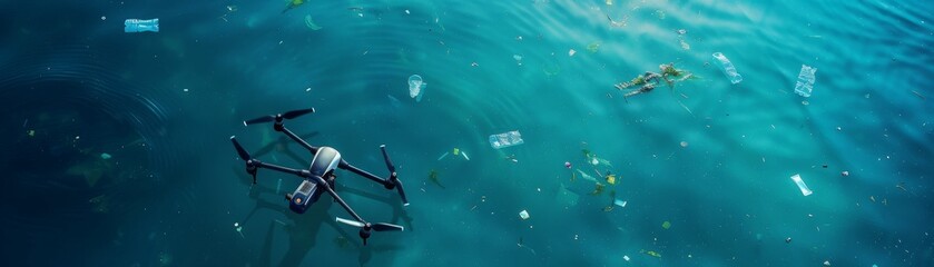 Ocean cleaning drones in action, removing plastic waste, technology versus pollution low texture - obrazy, fototapety, plakaty