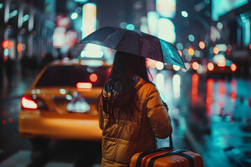 Woman with umbrella and suitcase waits for taxi in rain by city street