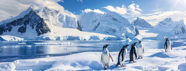 a group of penguins frolicking on the snow-covered ground against the backdrop of majestic blue mountains, tranquil waters dotted with floating icebergs, and the radiant sun shining brightly