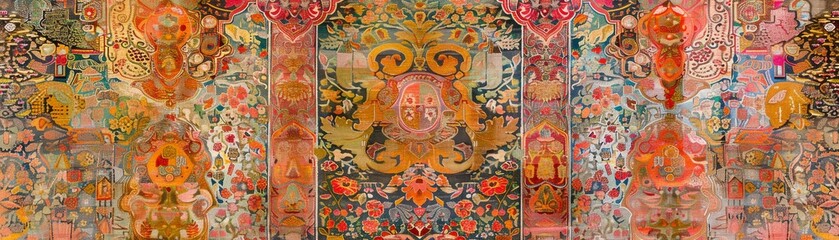Intricate traditional tapestry, vibrant colors, detailed patterns, textured weave no dust