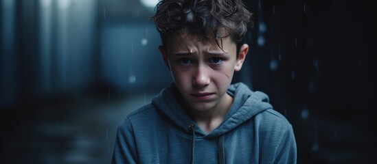 In the darkness of the room at midnight, a young boy in an electric blue hoodie cries. He is pleased by the fictional character from a movie event, which brings a smile to his face